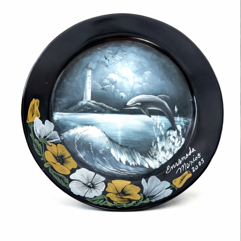 Hand Painted Arcoroc Glass Plate Dolphin Lighthouse Scene Ensenada Mexico - Picture 2 of 7